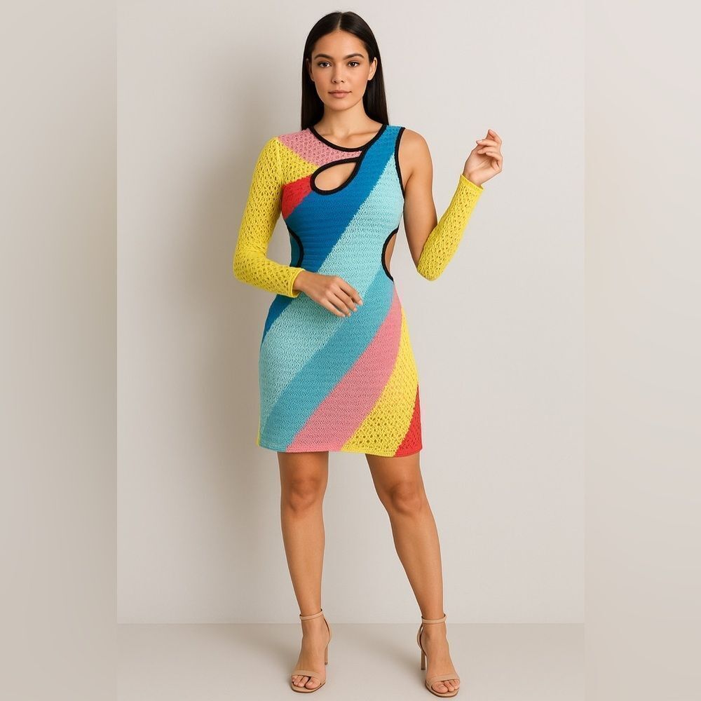 STAUD Marseille Linen Blend Knit Rainbow One-Shoulder Dress